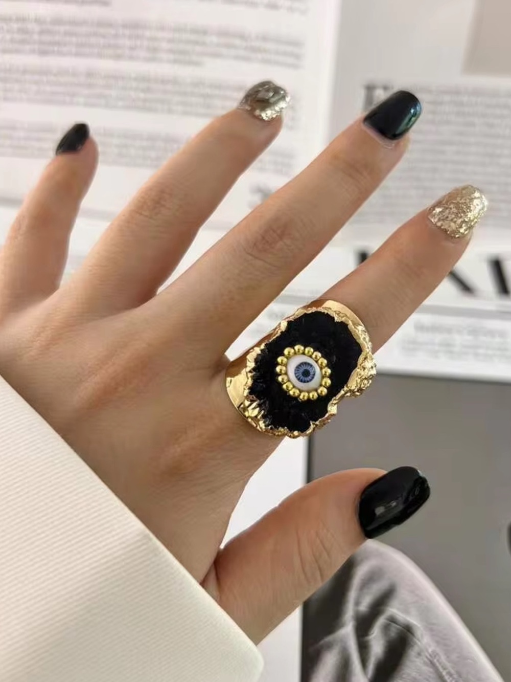 New! Black Synthetic Geode Agate Druzy Gold Plated Evil Eye Statement Ring